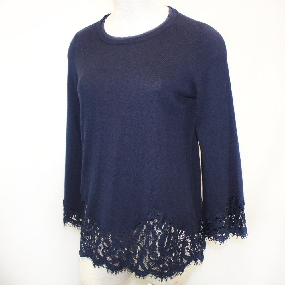 Soft Surroundings Navy Sweater Pullover Casual Lace Details Boat Neck Large NWT